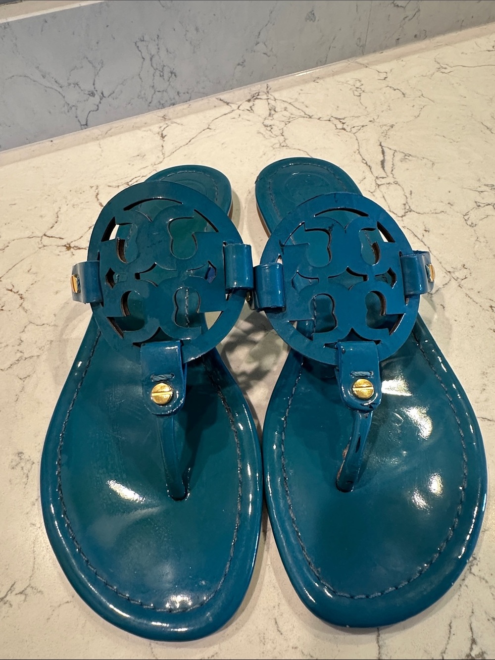 Tory Burch Miller Teal Blue Green Patent Sandals Size 7
